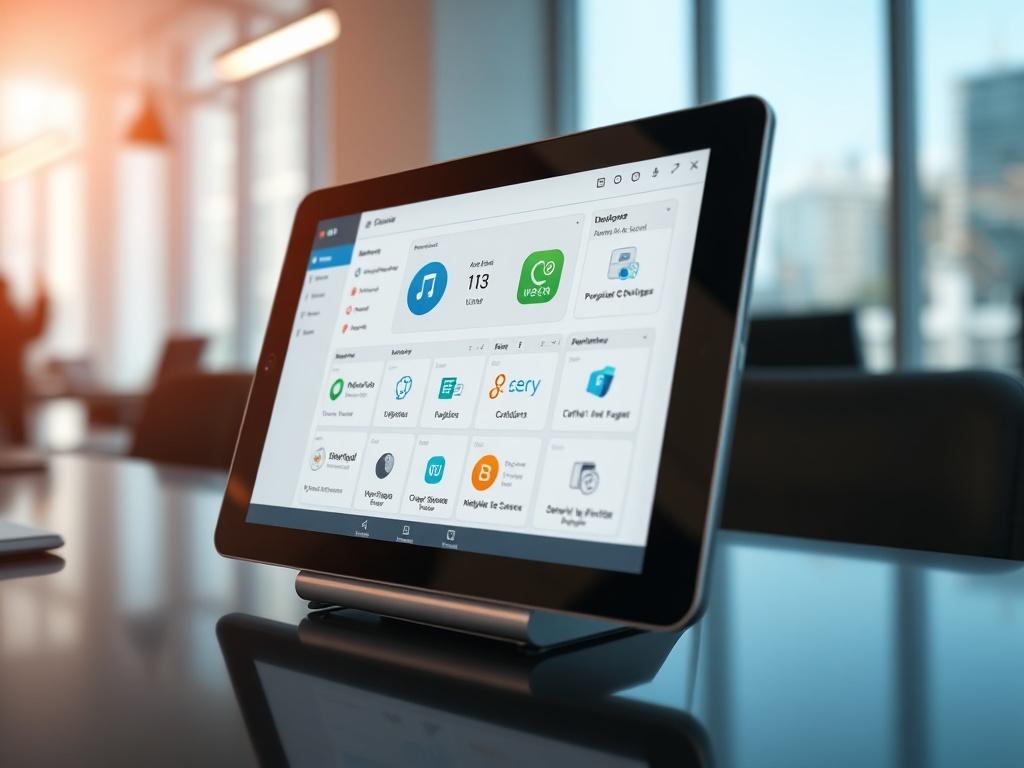 A close-up shot of a sleek tablet displaying a mobile device management dashboard on its screen, with various device icons and security features visible. The background should be a modern office setting with a blurred effect, focusing on the tablet. The image should be hyper-realistic, rendered in high-resolution, showcasing the technology in an appealing way.