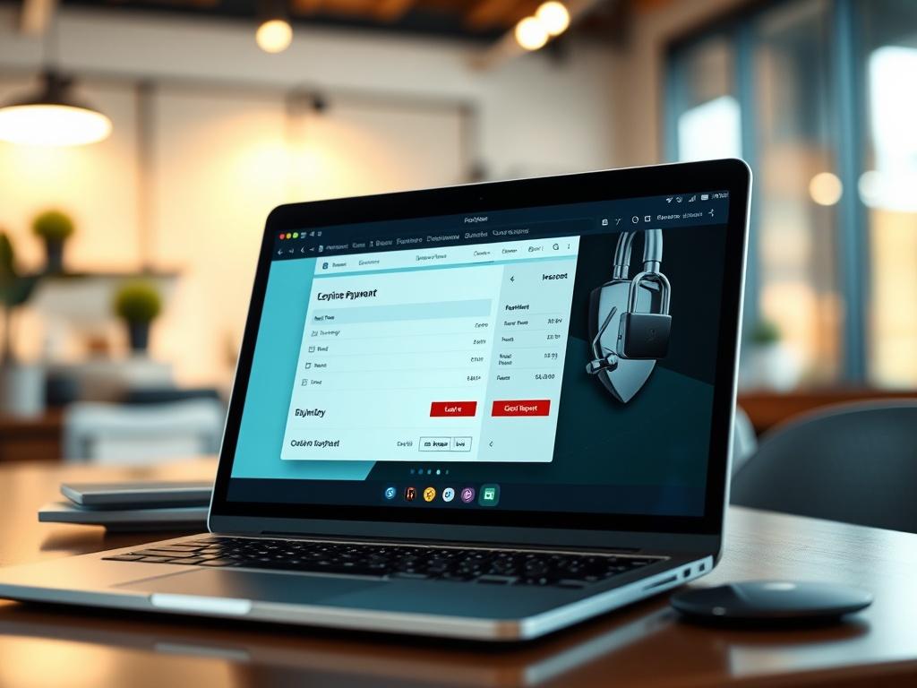 A close-up shot of a laptop screen displaying an online checkout page with payment options visible. The background should feature a modern workspace with soft lighting, emphasizing the laptop and its secure payment interface. The image should be hyper-realistic, focusing on the details of the screen.