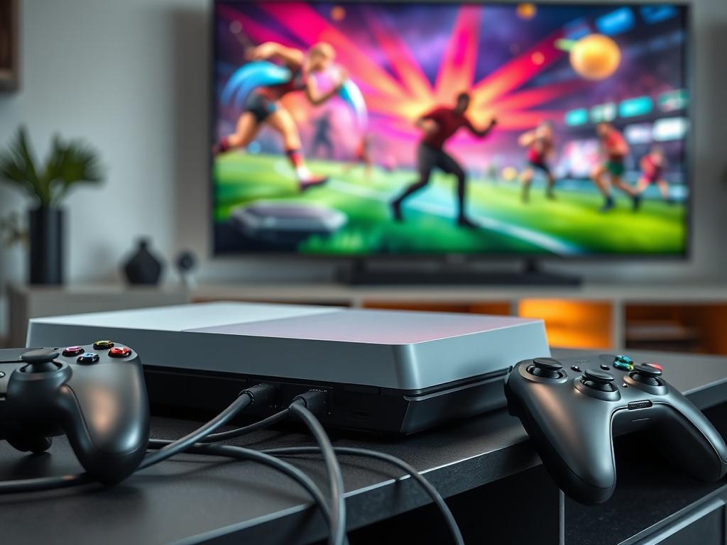 A high-resolution close-up of a gaming console with cables connected to it, set on a stylish entertainment unit. The scene should include a gaming controller nearby and a large screen displaying a vibrant game scene in the background. The image should focus on the console and cables, with a modern aesthetic.