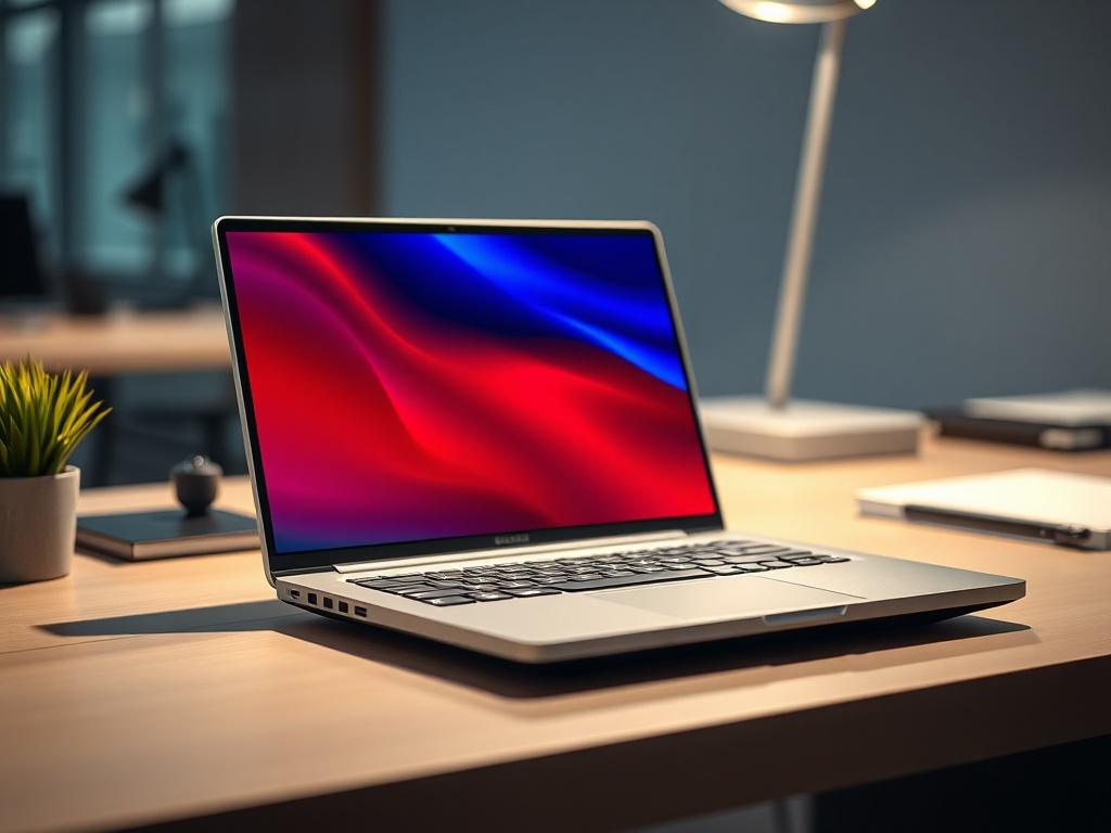 A high-performance laptop on a sleek office desk, showcasing its vibrant display and modern design. The background should be minimalistic, focusing on the laptop, with soft lighting highlighting its features. Capture the laptop from a slight angle to emphasize its profile, with a blurred desk environment to maintain focus on the subject.