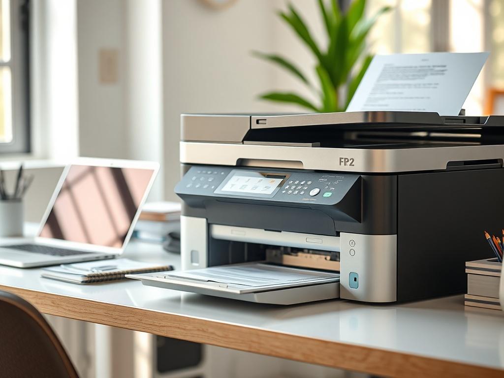 An all-in-one printer situated on a clean office desk, with printed documents and a scanning feature visible. The printer should be sleek and modern, complemented by a laptop and office supplies in the background. Capture the scene with natural light to create a welcoming office atmosphere.