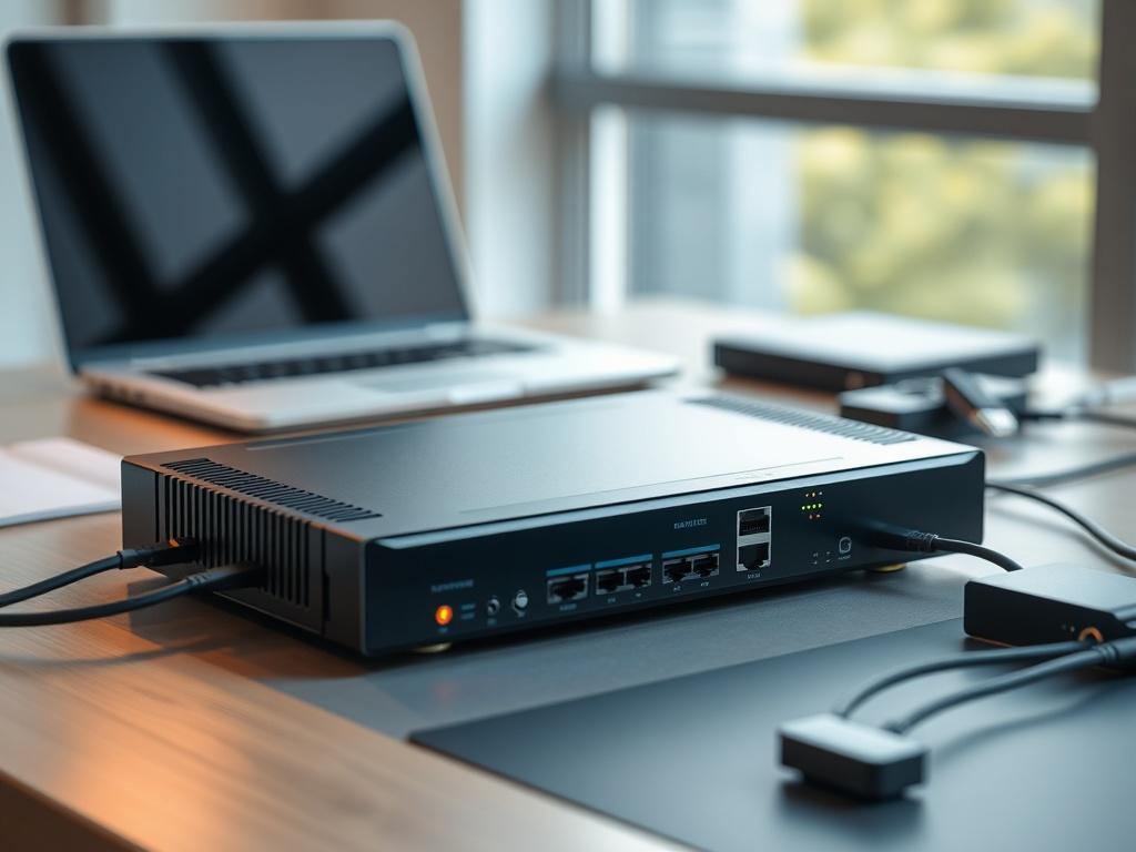 An advanced networking device placed on a modern desk, with LED indicators showing connectivity status. The device should be sleek and stylish, surrounded by a few networking cables and a laptop. Use soft, natural lighting to create a professional ambiance, while keeping the focus on the device.