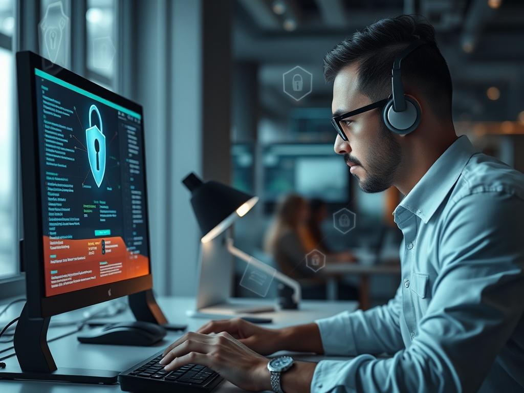 A cybersecurity professional analyzing data on a computer screen with security alerts, surrounded by digital security icons, modern office setting, hyper-realistic, close-up shot.