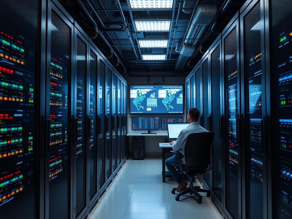 A data center with rows of servers and advanced technology, showcasing a team monitoring systems on screens, bright lights and a clean environment, hyper-realistic, close-up shot.