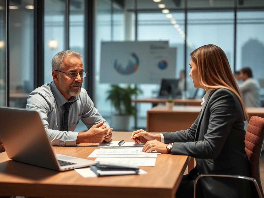 A corporate consultant meeting with a client in an office setting, discussing IT solutions with a laptop and digital charts on the table, bright and professional atmosphere, hyper-realistic, close-up shot.