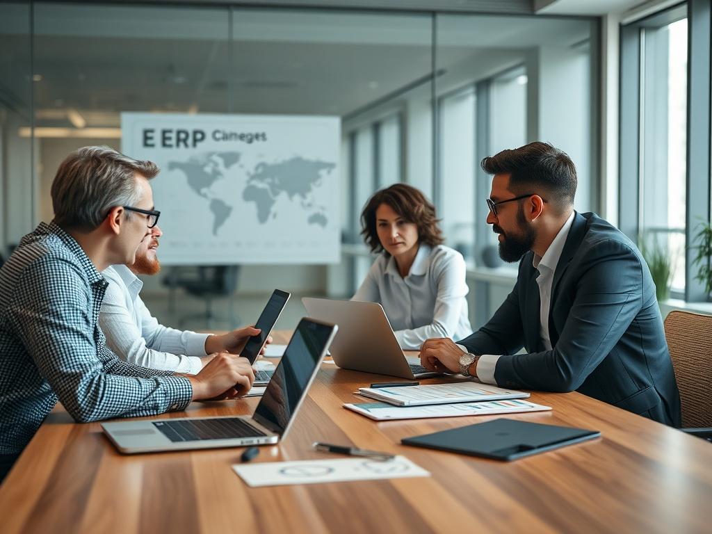 A team in a conference room discussing ERP implementation, with charts and laptops, focused environment, hyper-realistic, close-up shot.