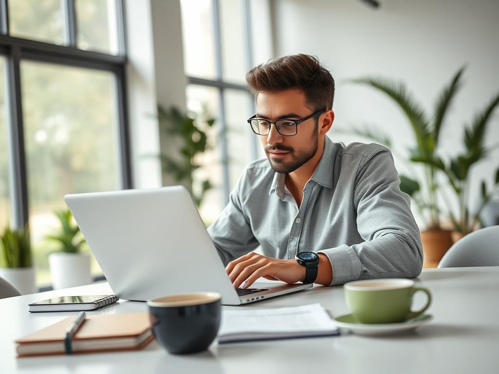 Create a realistic high-resolution photo that visually represents the theme of optimizing website content for Google Featured Snippets. The image should focus on a single subject: a confident digital marketing professional sitting at a modern desk, deeply engaged in editing web content on a sleek laptop. 

The professional should be portrayed from a slight angle, showcasing their focused expression as they review text on the laptop screen. Surrounding the desk should be neatly organized items, including a n