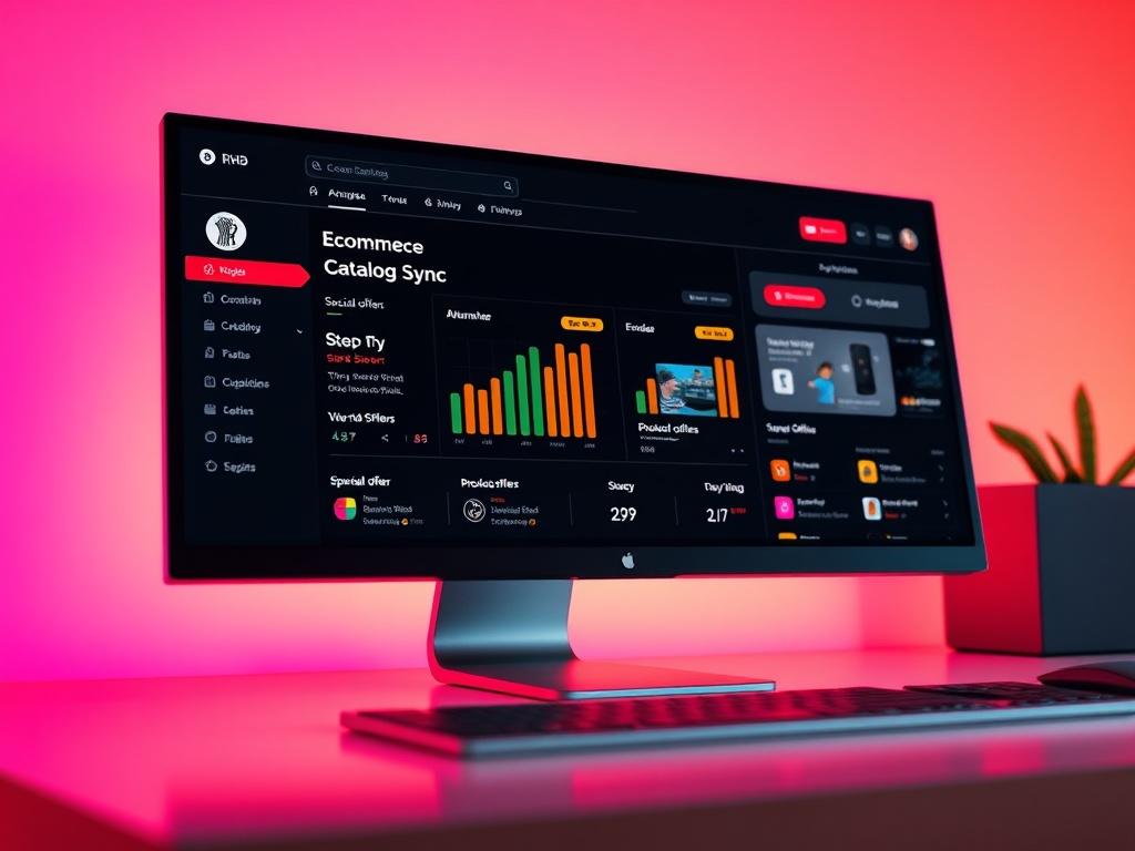 A hyper-realistic close-up shot of a modern software interface displaying an e-commerce dashboard, showcasing product catalog sync features and special offers. The background is minimalistic to focus on the interface, featuring vibrant colors that complement the RGB (193, 153, 87) primary color.