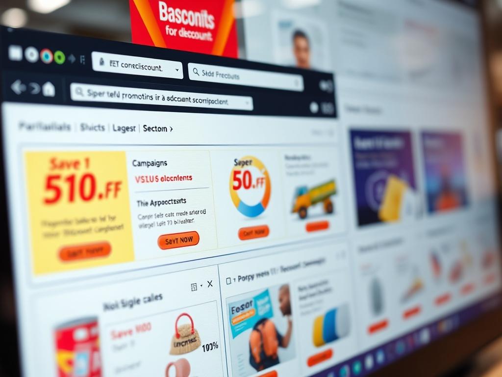 A hyper-realistic close-up of a digital discount management interface showcasing various promotional campaigns. The image should emphasize a single campaign setup screen, with an appealing design that resonates with the RGB (193, 153, 87) primary color.