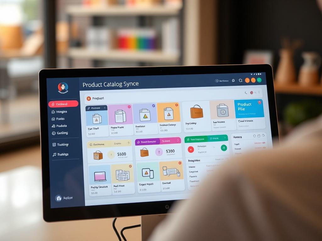 A close-up shot of a modern digital interface displaying an e-commerce product catalog sync dashboard. The screen shows various product categories, pricing structures, and a seamless integration process with vibrant colors. The background is subtly blurred to focus on the digital interface, showcasing a clean and professional layout.