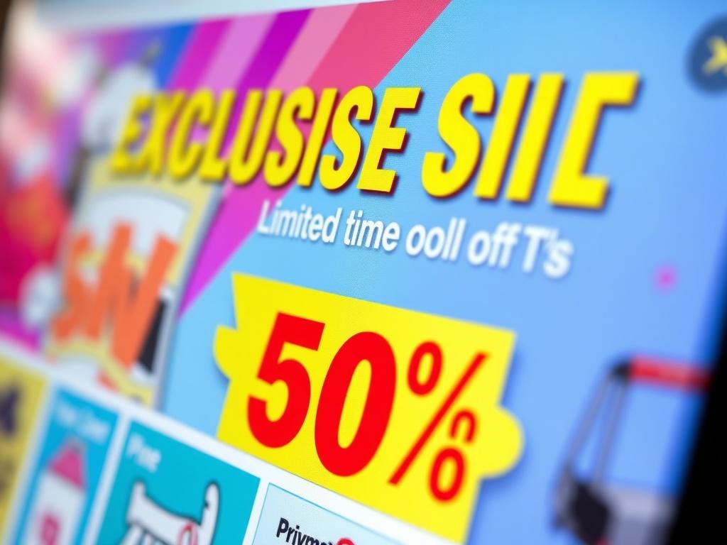 A close-up shot of a promotional banner displaying exclusive discounts and offers on a vibrant e-commerce website. The banner includes eye-catching graphics and bold text highlighting limited-time deals. The background is designed to grab attention and encourage online shoppers to take advantage of the promotions.