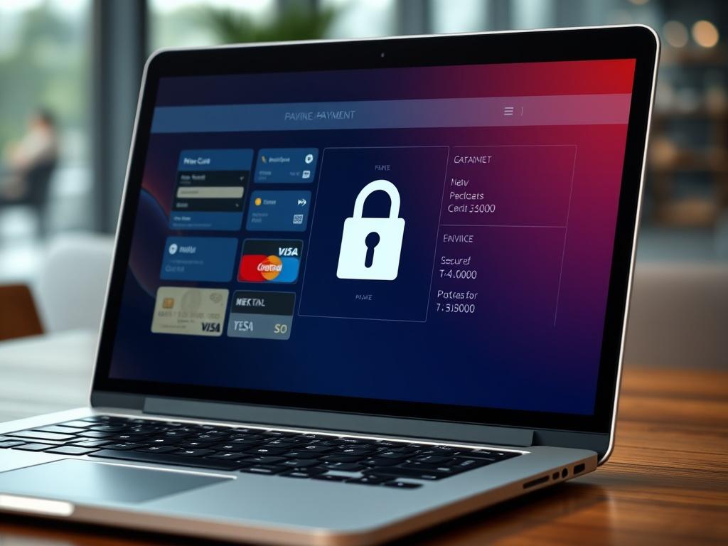 A close-up shot of a secure payment processing interface displayed on a laptop. The screen shows various payment options like credit cards and digital wallets, with a secure lock symbol prominently featured. The setting is modern and professional, emphasizing trust and security.