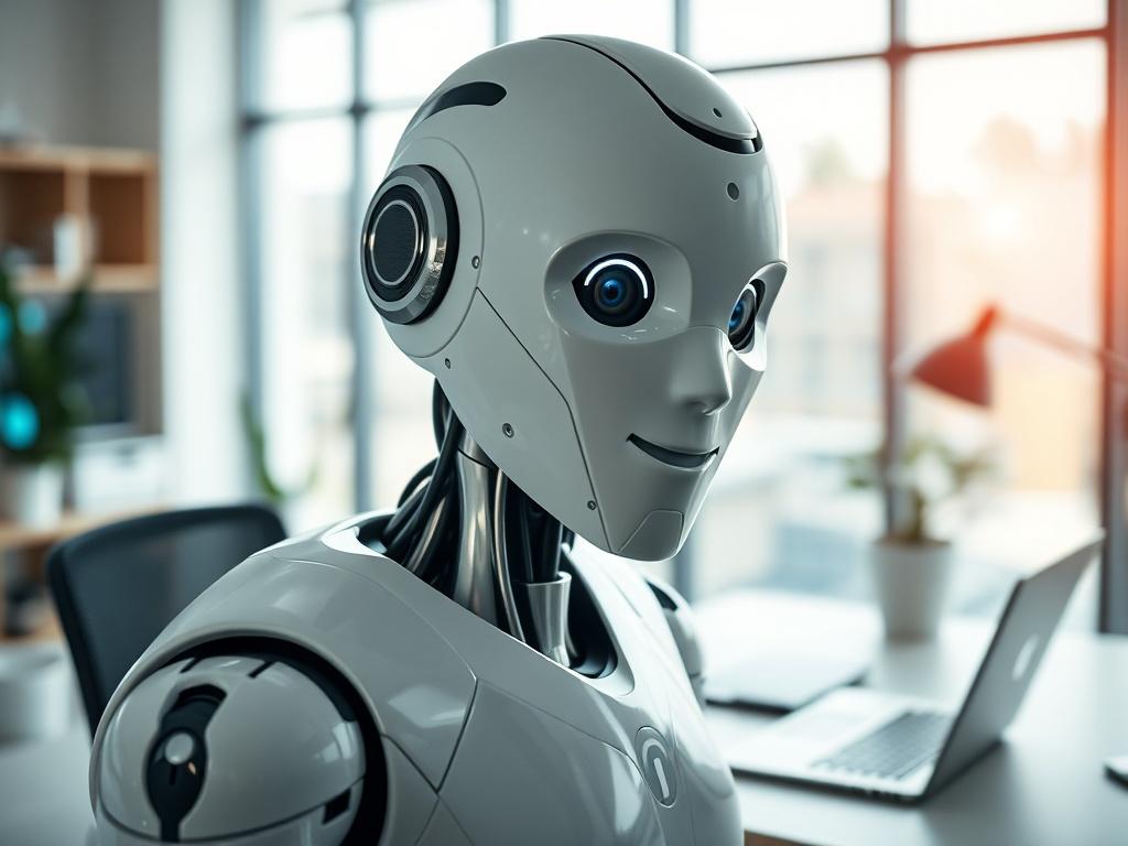 Create a realistic high-resolution photo that reflects the theme of "The Rise of AI in IT Services." The composition should be simple and clear, focusing on a single, striking subject. 

**Subject Matter**: Place a humanoid robot, designed with sleek, modern features and an inviting appearance, at the center of the image. The robot should be depicted engaging with a computer screen, showcasing advanced technology and AI integration. The robot's face should display an expression that conveys intelligence and