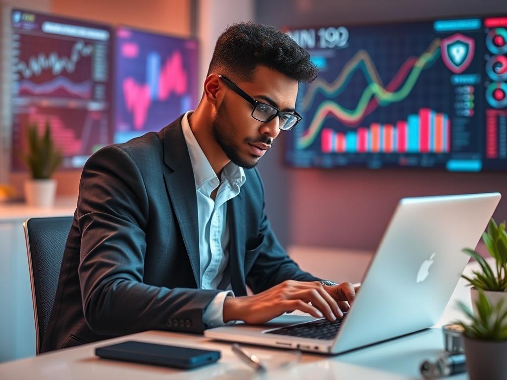 **Prompt for AI Image Generator:**

Create a realistic high-resolution image that encapsulates the theme of "Understanding IT Security Trends for 2024." The composition should be simple and clear, featuring one main subject: a professional, diverse cybersecurity analyst, portrayed as engaged in deep thought while analyzing data on a sleek laptop. The analyst should be seated at a modern, minimalist desk with a focused expression, wearing smart attire suitable for a corporate environment.

In the background,