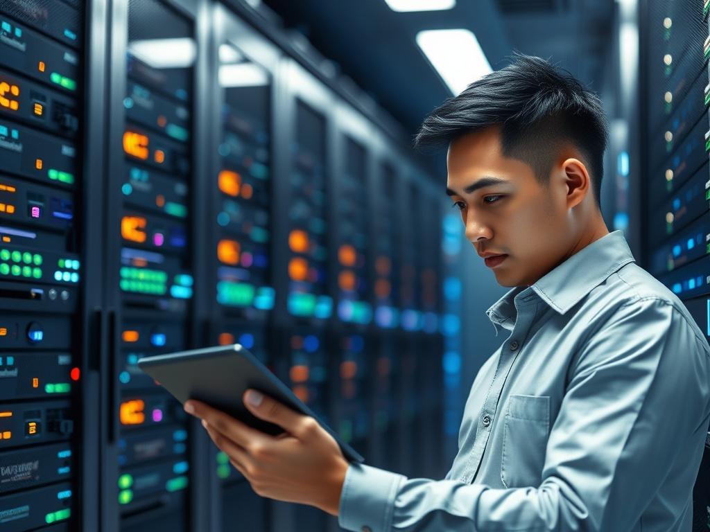 **Prompt for AI Image Generator:**

Create a highly realistic, high-resolution photo featuring a singular, focused subject: a modern server room. The server room should be intricately detailed, showcasing rows of sleek, shiny server racks that are neatly organized, with blinking LED lights indicating activity. In the foreground, an IT professional—an individual of Asian descent, wearing a smart-casual outfit—should be intently examining a tablet, looking thoughtfully at the data displayed on the screen.

The background should consist of a slightly blurred array of servers and network hardware that evokes a sense of advanced technology and sophistication, embodying the latest trends in IT infrastructure for 2023, such as cloud integration and enhanced data security. Ensure that the lighting is bright and modern, with cool blue and white tones illuminating the space, creating a clean and professional environment.

The overall composition should be simple and clear, emphasizing the IT professional as the sole subject, while the background of the server room adds depth and context. Ensure there are no text elements or abstract shapes in the image, focusing instead on realism and the latest technological ambiance.
