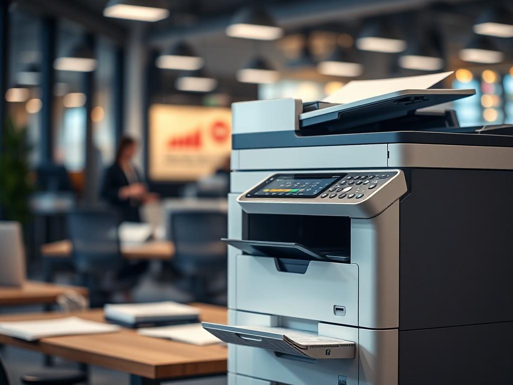 A multifunction laser printer in a modern office setting, with printed documents and a sleek design. The focus is on the printer, with a blurred background of a busy office, reflecting productivity and innovation.