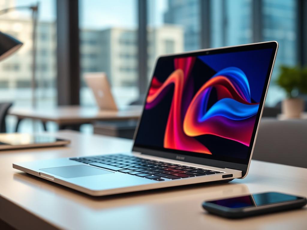 A high-performance laptop on a sleek desk, showcasing its vibrant display and modern design. The focus is on the laptop, with a blurred background of a stylish office setting, emphasizing productivity and technology.