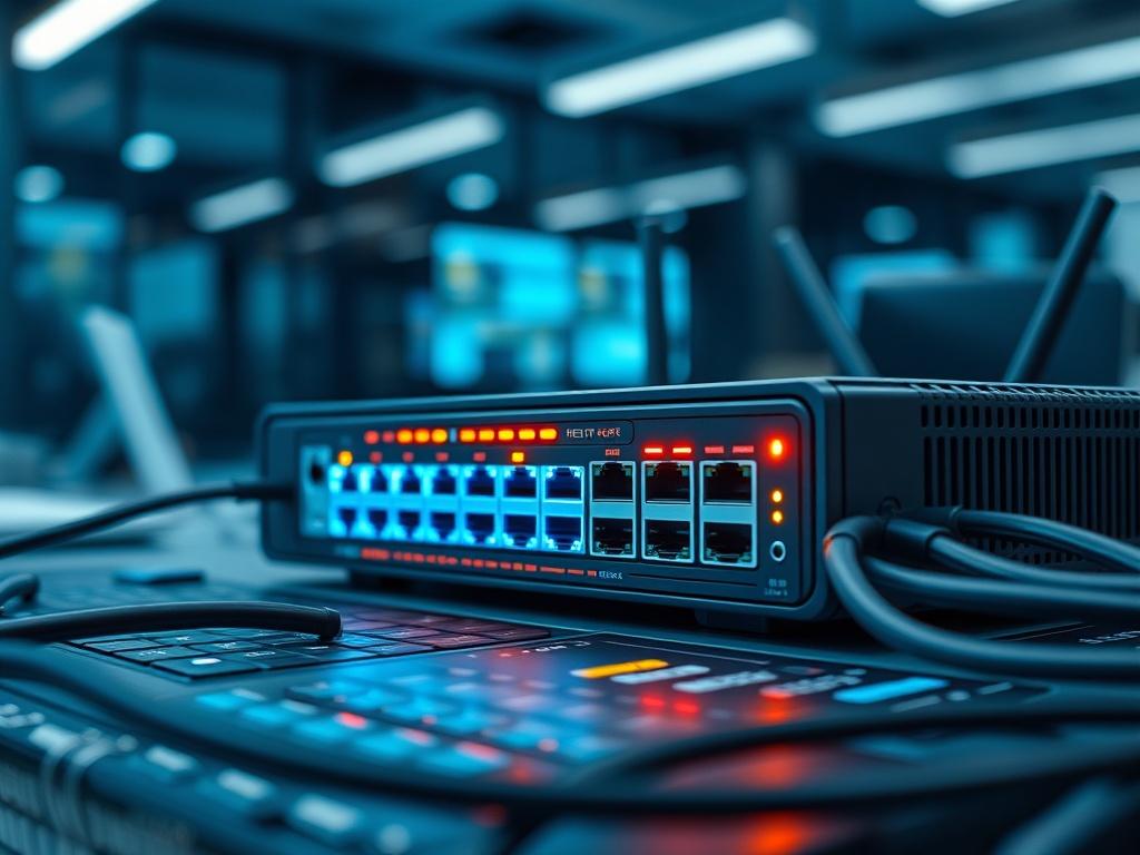 A secure network router displayed on a tech-themed workspace, with glowing LED indicators and cables neatly organized. The background should have a modern office environment, symbolizing advanced technology and connectivity.