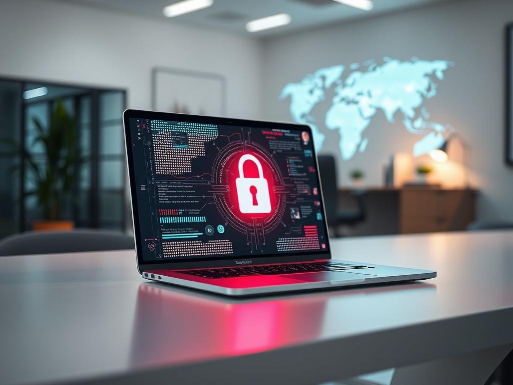 **Prompt for AI Image Generator:**

Create a realistic high-resolution photo that embodies the theme of "Cybersecurity Trends in 2023." The composition should be simple and clear, featuring a singular subject: a modern laptop displaying a vibrant digital lock icon that symbolizes cybersecurity. The laptop should be open and positioned on a sleek, minimalist desk, showcasing the screen with the lock icon prominently centered.

In the background, depict a softly blurred office environment with light-colored w