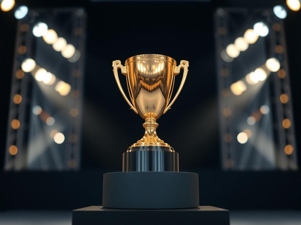 A close-up image of a shiny award trophy placed on a sleek black pedestal. The background should be subtly blurred, hinting at an awards ceremony setting with spotlights, creating an atmosphere of recognition and achievement.