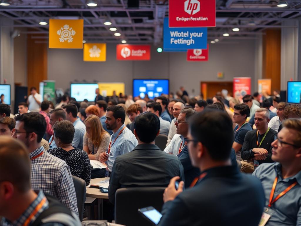 An engaging image of a bustling conference room filled with attendees actively participating in discussions. The atmosphere should convey excitement and collaboration, with colorful banners and tech-related materials in the background.