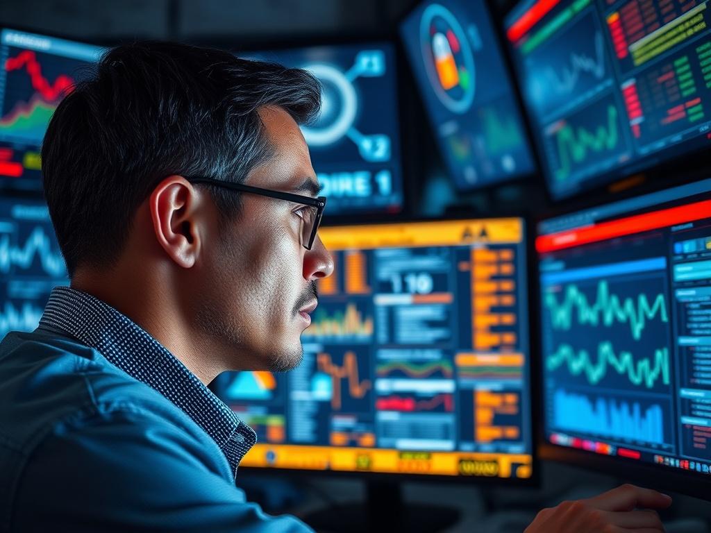 A close-up shot of a cybersecurity expert analyzing security data on multiple screens in a high-tech command center. The screens display graphs, alerts, and security metrics, emphasizing the seriousness of IT security. The expert's focused expression underscores the importance of protecting digital assets.
