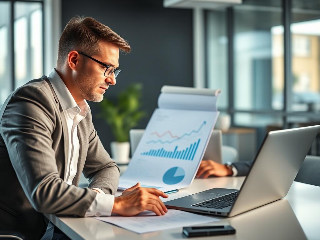 A close-up shot of a professional consultant discussing IT strategies with a business client in a modern office setting, showcasing a laptop and digital charts on a clean desk. The focus is on the consultant's engaged expression and the client's attentive demeanor, with soft natural lighting enhancing the professional atmosphere.