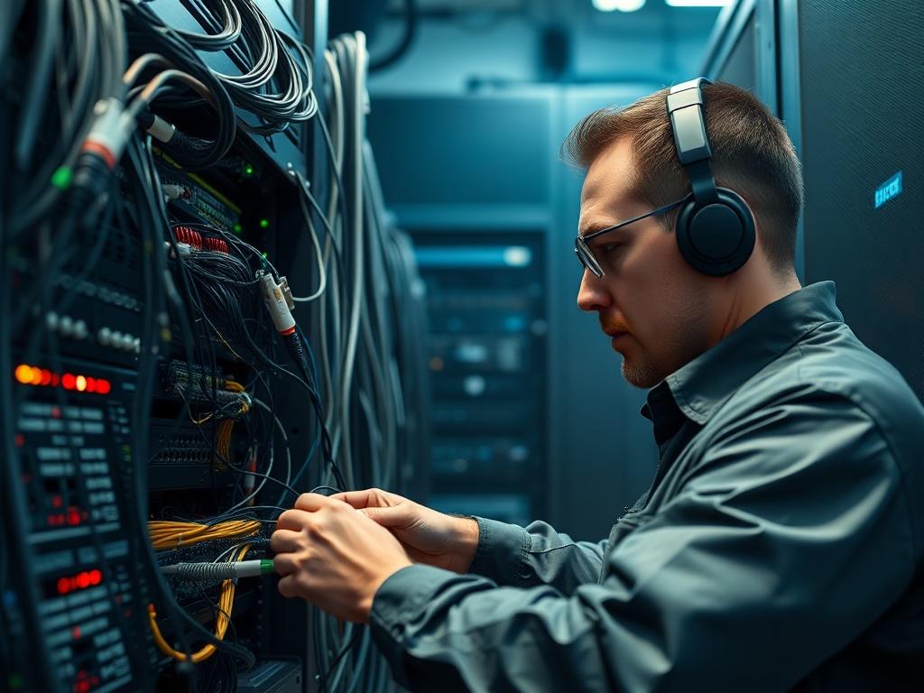 A close-up shot of a network engineer configuring networking equipment in a server room. The image captures the intricate cables and devices, highlighting the engineer's focus and expertise. The background shows a well-organized server rack, emphasizing the importance of network solutions.