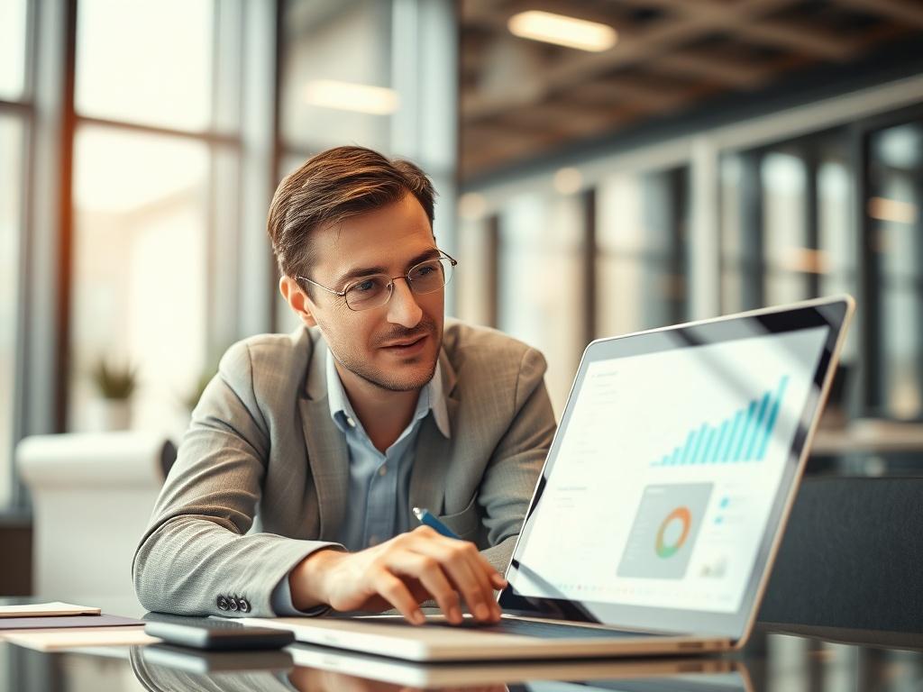 A close-up shot of a professional IT consultant analyzing data on a laptop. The setting is a modern office with a sleek design, showcasing technology and innovation. The background is blurred to emphasize the consultant's focused expression and the laptop screen displaying analytical data. The lighting is bright and inviting, creating a warm atmosphere, with a dominant color palette of rgb(193, 153, 87). Shot with a 45mm f/1.2 lens.