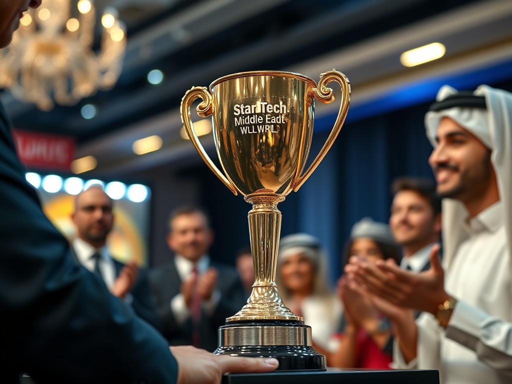 A close-up shot of a gleaming trophy being awarded to a representative from Star Tech Middle East WLL at a corporate awards ceremony. The background features a well-dressed audience applauding, with decorative lighting adding a celebratory atmosphere. The focus is on the trophy and the proud expression of the awardee, symbolizing achievement and recognition.