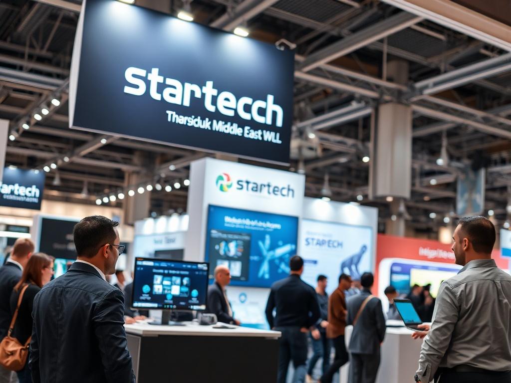 A close-up shot of a corporate IT event with a focus on a modern exhibition booth displaying IT solutions. The background features attendees engaging in discussions, with a banner showcasing Star Tech Middle East WLL's logo and tagline. The lighting is bright, capturing the energy of the event. The overall composition highlights the professional atmosphere and innovative technology.