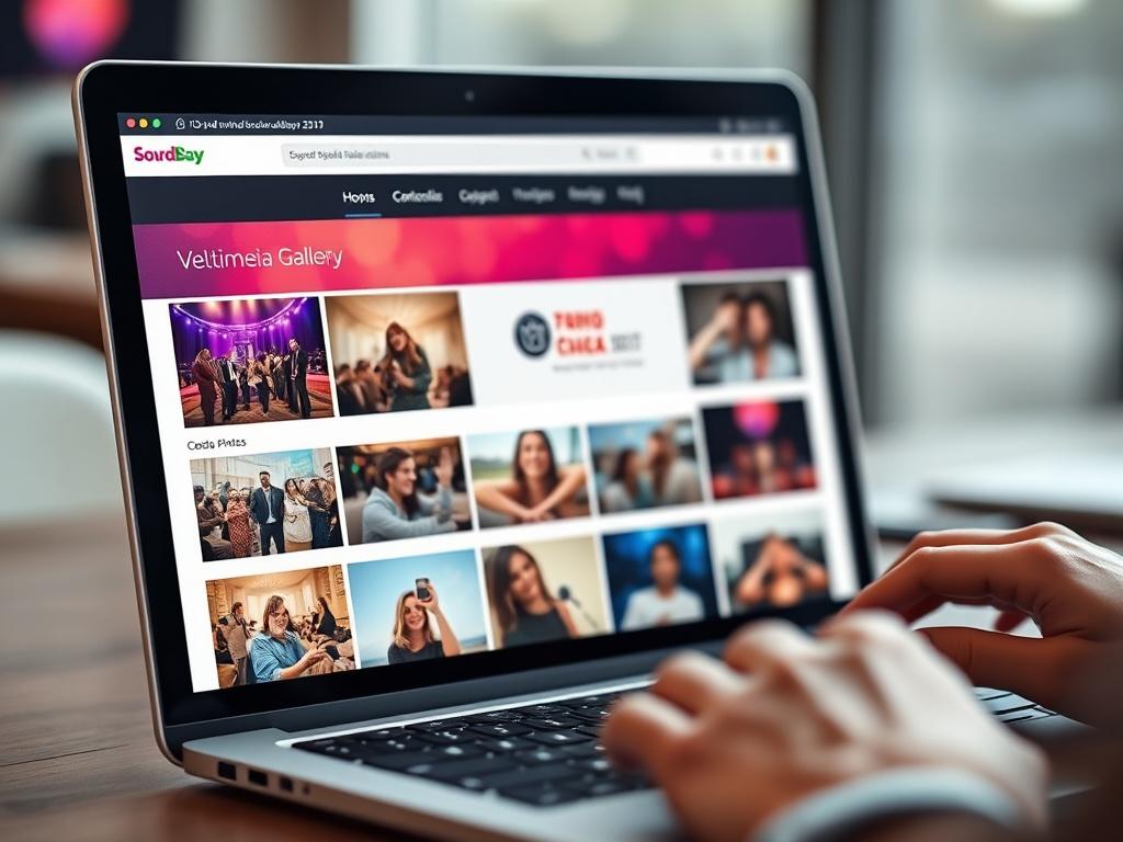 A visually appealing multimedia gallery layout displayed on a website screen, featuring thumbnails of photos and video clips from various events. The design is modern and user-friendly, with a vibrant color scheme that reflects the brand. The background shows a person interacting with the gallery on a laptop, highlighting accessibility and engagement.