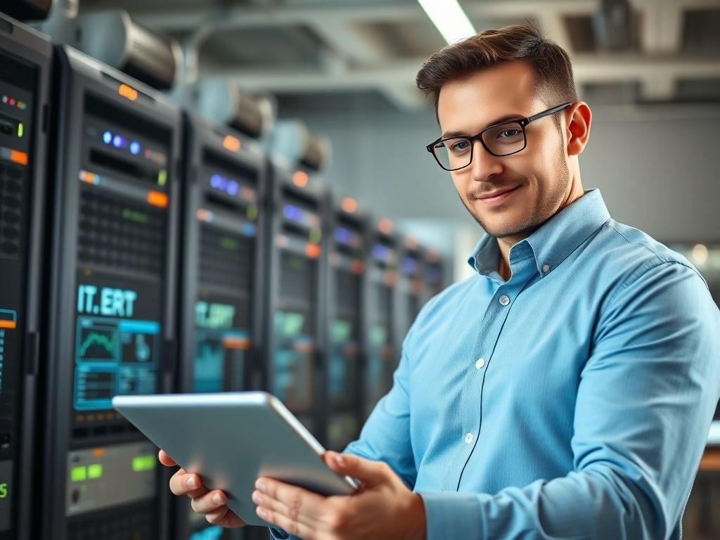 A close-up shot of a confident IT professional reviewing data on a digital tablet, surrounded by technology elements such as servers and ERP software interfaces. The background is a modern office setting, conveying professionalism and innovation. The lighting is bright and focused, highlighting the subject's engagement with technology. The color scheme incorporates the rgb(50, 170, 39) primary color subtly within the office decor.