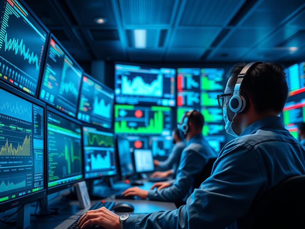 A dynamic image of a large IT operations center with multiple screens displaying network performance metrics. The focus should be on professionals actively monitoring systems, ensuring security and efficiency. The backdrop should convey a high-tech environment, emphasizing the importance of enterprise-level IT management.