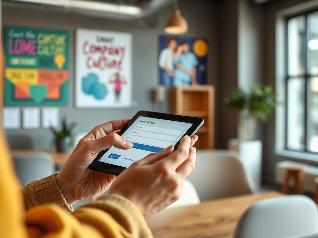 A close-up shot of a person signing up for a community event on a tablet in a modern office setting, with a warm and inviting atmosphere. The background features elements like colorful posters about company culture and collaboration, creating a sense of community. Rendered in hyper-realistic detail, compatible with the rgb(193, 153, 87) primary color.