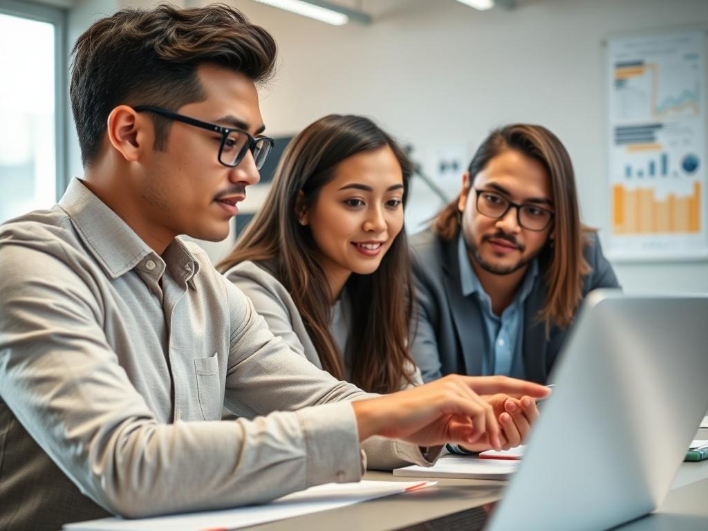 A close-up shot of a young intern engaged in a discussion with a mentor in a modern office environment. The mentor, an experienced professional, is pointing at a laptop screen while the intern takes notes. The background should have a clean and organized workspace with elements like charts and technology gadgets, symbolizing learning and mentorship. Rendered in hyper-realistic detail, compatible with the rgb(193, 153, 87) primary color.