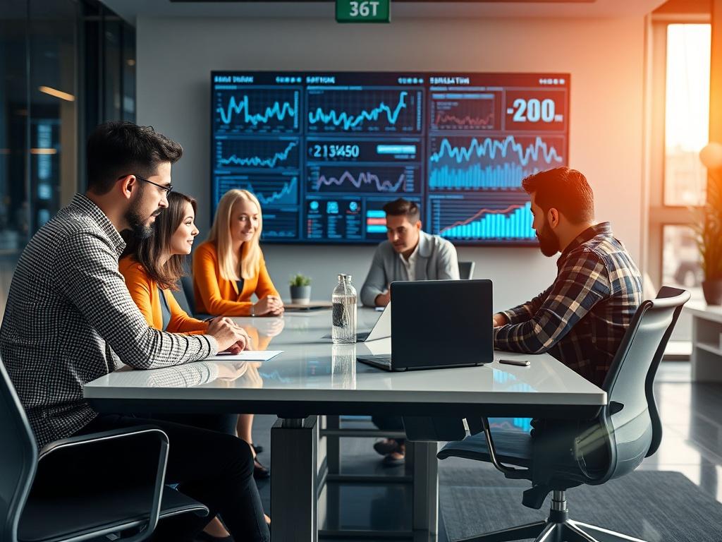 A hyper-realistic close-up shot of a modern office space with advanced technology, showcasing a diverse team of professionals collaborating around a sleek conference table. The background features a large screen displaying digital graphs and data analytics. The atmosphere is vibrant and focused, reflecting innovation and teamwork. The image should be captured in high resolution with a 45mm f/1.2 lens style, emphasizing the details of the technology and the expressions of the professionals, all in a color pa
