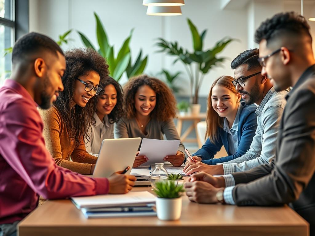 A close-up shot of a diverse group of professionals collaborating in a modern office setting, showcasing a vibrant and engaging work environment. The focus is on a mix of genders and ethnicities working together around a table with laptops and documents, emphasizing teamwork and innovation. The background should include bright office elements like plants and contemporary furniture, with soft lighting to create an inviting atmosphere. Rendered in hyper-realistic detail, compatible with the rgb(193, 153, 87) 