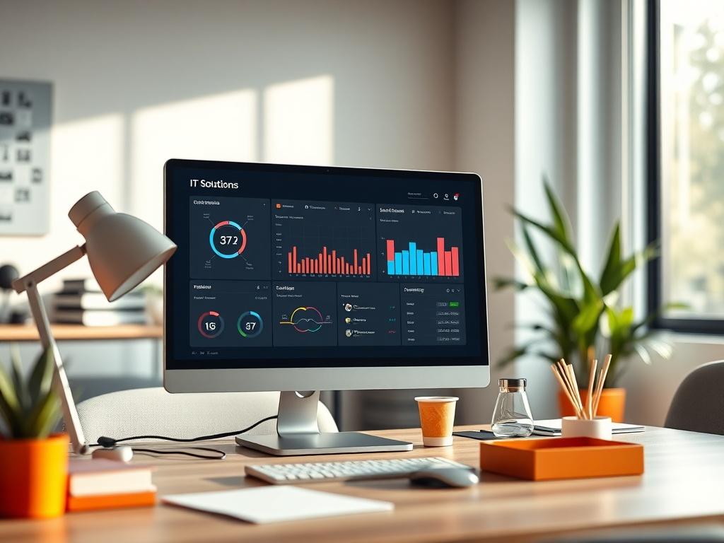 A hyper-realistic close-up shot of a modern office workspace, featuring a sleek desktop computer displaying a dynamic dashboard of IT solutions. The background is softly blurred to emphasize the workstation, with natural light streaming through a nearby window. The primary color theme includes elements of rgb(193, 153, 87) in the decor and accessories, conveying a professional and inviting atmosphere.