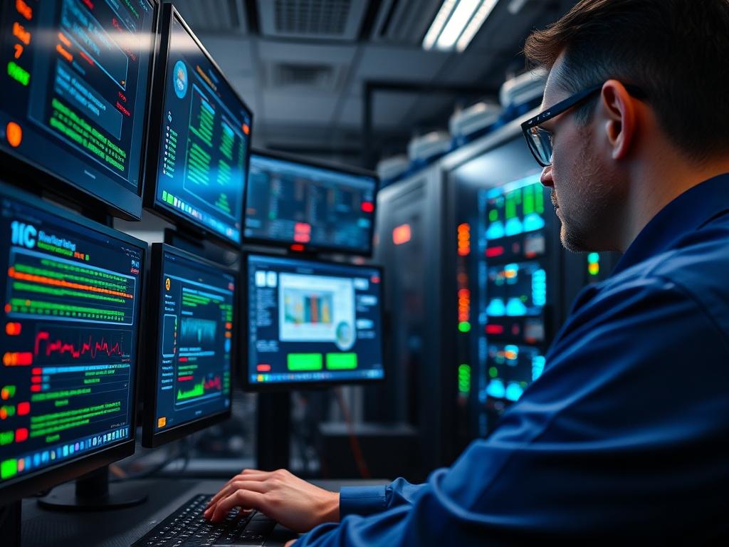 A close-up shot of an IT technician monitoring network systems on multiple screens. The background features a modern server room with blinking lights and organized cabling. The technician appears focused and knowledgeable, interacting with the technology. The ambiance is high-tech and professional.