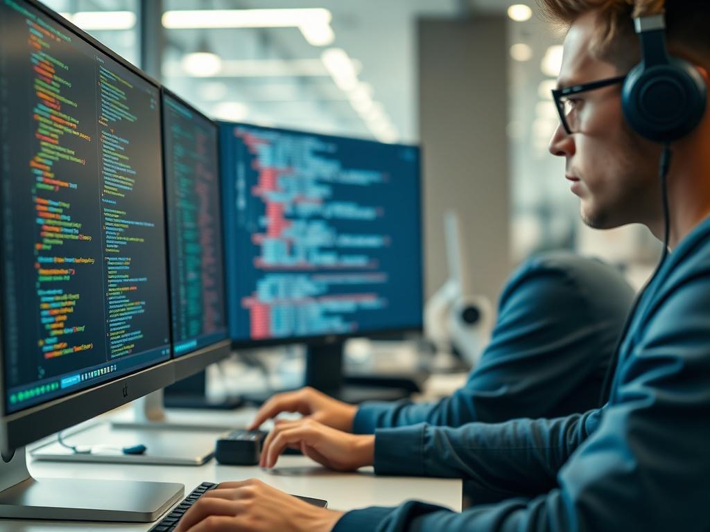 A close-up shot of a software developer working on a computer, showcasing lines of code on the screen. The environment is modern and well-lit, emphasizing technology and innovation. The developer is focused and engaged, with a few tech gadgets visible on the desk. The background is blurred to keep the focus on the developer and their work.