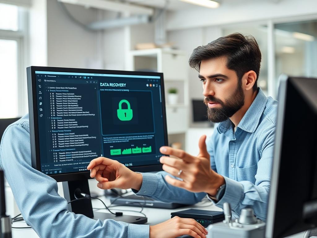 A close-up shot of an IT professional demonstrating a data recovery process on a computer. The screen displays recovery software, and the professional appears focused and knowledgeable. The background is a clean and organized office environment, emphasizing professionalism and reliability.