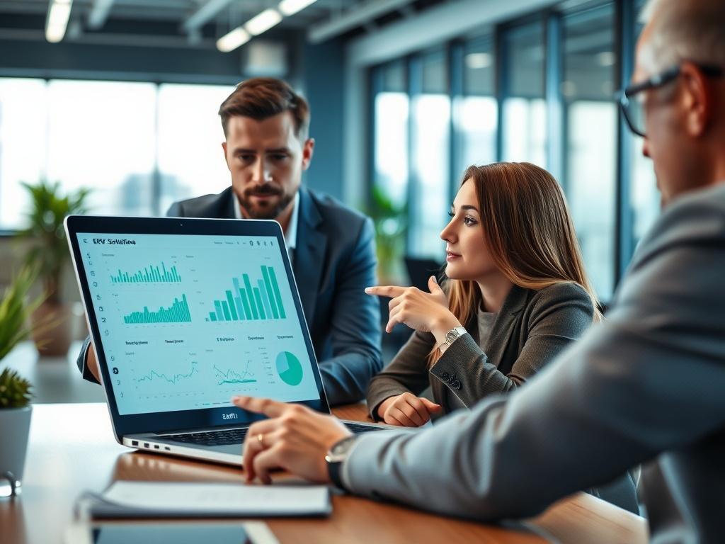 A close-up shot of a business consultant discussing ERP solutions with a client in a modern office setting. The consultant is engaged, pointing at a laptop screen displaying graphs and data. The background is softly blurred, focusing on the interaction. The color scheme reflects a professional atmosphere with hints of green in the decor.