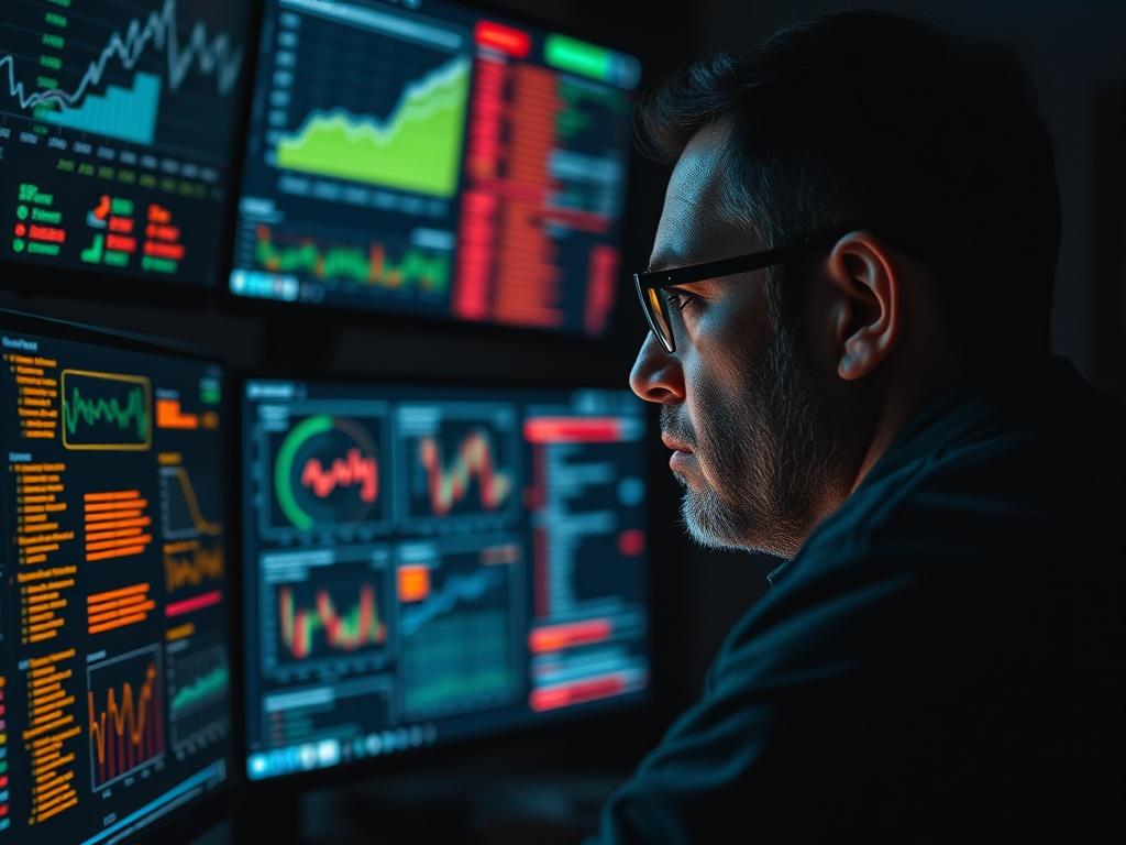 A close-up shot of a cybersecurity expert analyzing data on multiple screens in a darkened room, illuminated by the glow of the screens. The image depicts charts, alerts, and security software interfaces. The expert, focused and serious, embodies the importance of vigilance in cybersecurity.