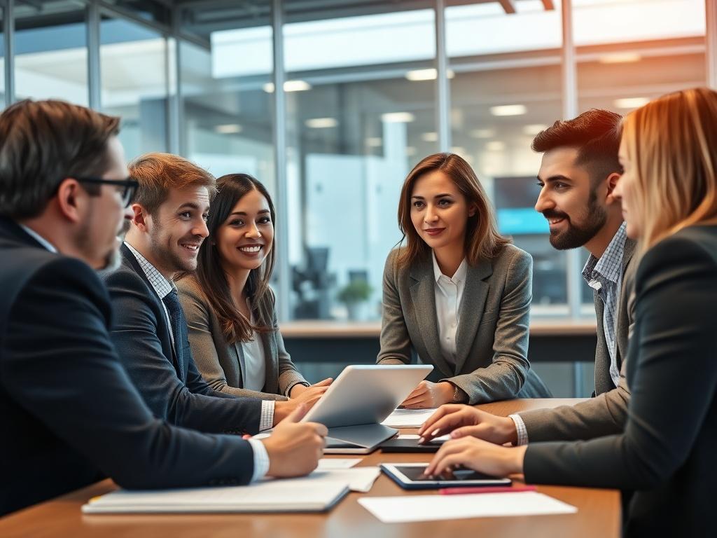 A hyper-realistic close-up shot of a professional team discussing tailored IT solutions in a modern office setting. The focus is on a diverse group of professionals engaged in a brainstorming session, with technology and digital devices in the background. The composition highlights collaboration and strategy, with a calm and productive atmosphere.