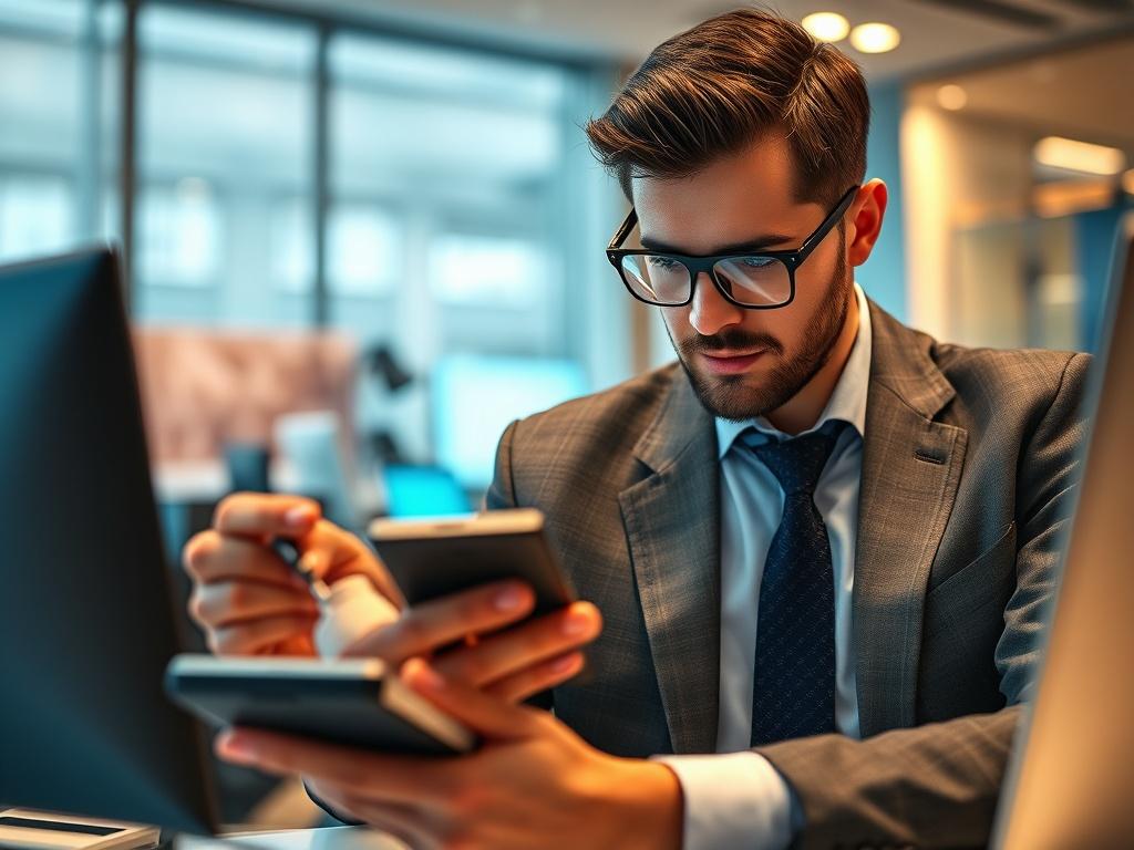 A high-resolution close-up shot of a trading professional examining high-tech products in a sophisticated office environment. The image should convey a sense of professionalism and expertise, highlighting cutting-edge technology and a clear focus on trading services.