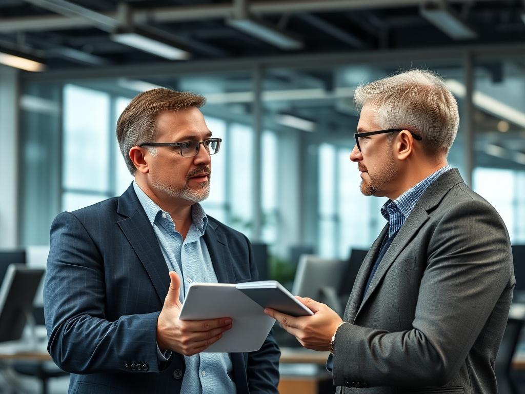 A realistic close-up shot of a consultant engaging with a client in a modern office space, discussing strategies and solutions. The focus is on a dynamic conversation, with professional attire and technology in the background, emphasizing expertise and collaboration.