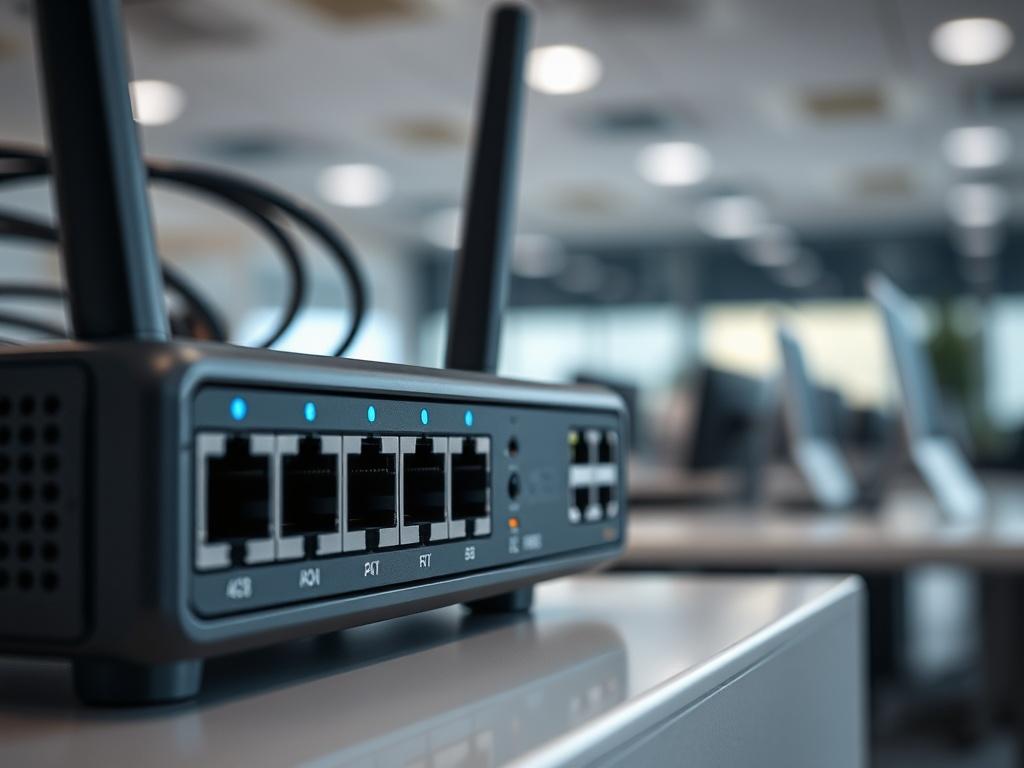 A close-up shot of high-performance networking equipment, showcasing a sleek router with multiple ports and LED indicators. The background should be a subtle, blurred office environment, emphasizing the technology's modern design and functionality. The image should be rendered in hyper-realistic style, focusing on the details of the equipment.