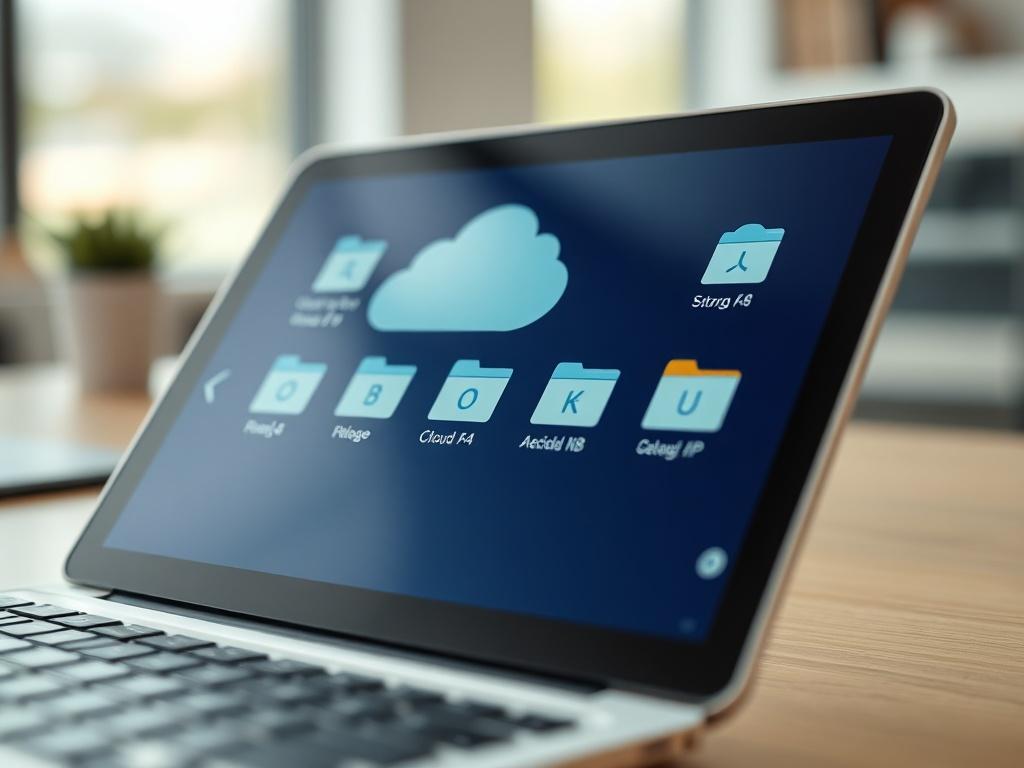 A close-up of a cloud storage interface on a digital device, showing folders and files organized neatly. The background should be a soft-focus of a modern workspace, highlighting the ease of access to data. The image should be rendered in hyper-realistic style, showcasing the clarity of the digital interface.