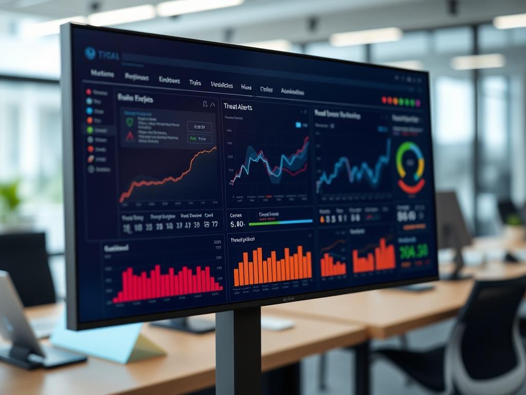 A hyper-realistic image of a cybersecurity tool dashboard, displaying real-time analytics and threat alerts. The screen should show various graphs and indicators, set in a modern office environment with blurred elements in the background. The focus should be on the vivid colors and details of the interface.